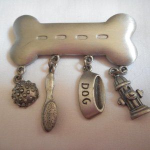 JJ Jonette Pewter Bone Brooch w/ Dangling Charms Ball Bowl Fire Hydrant Brush